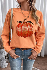 Orange Crinkle Ribbed Halloween Sequin Pumpkin Graphic Sweatshirt