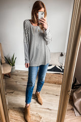 Gray Stripe Drop Sleeve Round Neck Oversized Top