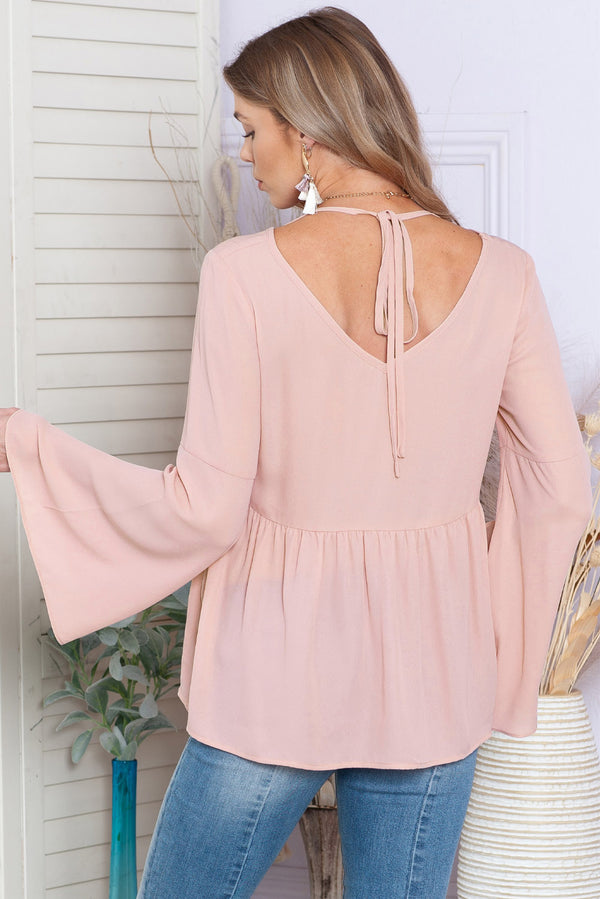 Pink Bell Sleeve Top V Neck Tie Back Peplum Blouse