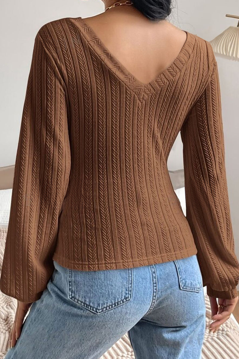 Chestnut Textured Knit V Neck Lantern Sleeve Top