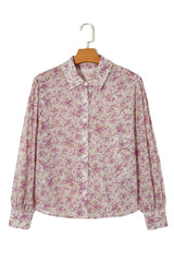 Pink Ditsy Floral Print Bishop Sleeve Collared V Neck Shirt