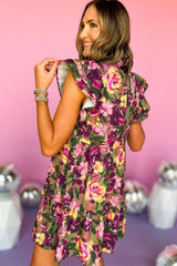 Green Floral Print Flutter Shoulder Ruffled Mini Dress