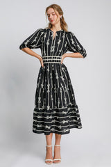 Umgee Bow Tie Print Notched Contrast Velvet Trim Midi Dress