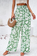 Green Boho Floral Print Frill Elastic Waist Pants