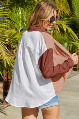 Brown Color Block Pockets Textured Long Sleeve Shacket