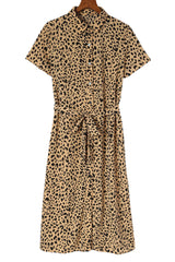 Khaki Leopard Print Waist Belted Button Up Shirt Dress