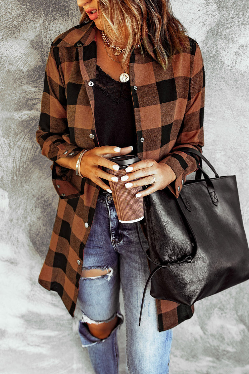 Brown & Black Plaid Collared Botton Down Long Shirt Shacket