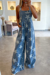 Wholesale White Star Print Button Strap Pleated Wide Leg Denim Overall