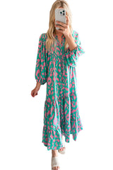 Green Abstract Print Puff Sleeve Smocked V Neck Maxi Dress