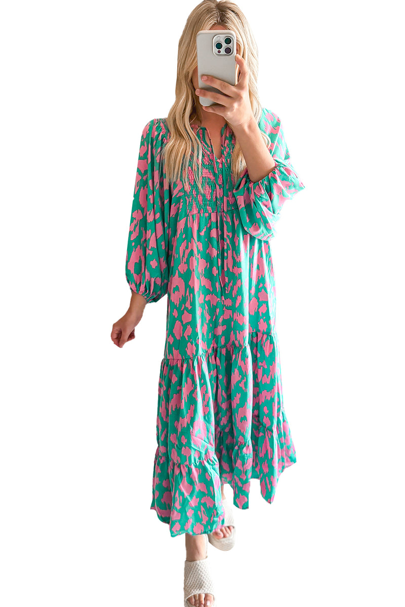 Green Abstract Print Puff Sleeve Smocked V Neck Maxi Dress