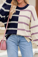 Blue Stripe Exposed Seam Patchwork Loose Sweatshirts