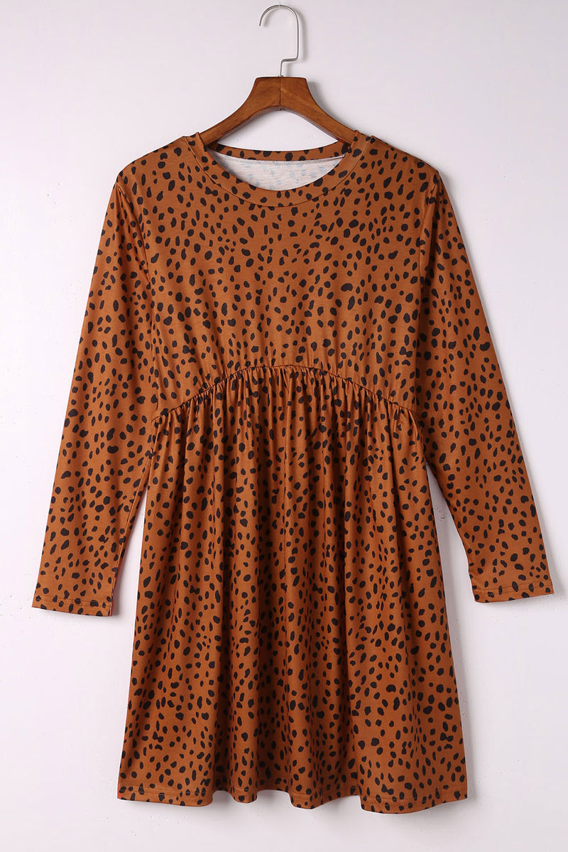 Khaki Crew Neck Long Sleeve High Waisted Leopard Print Dress