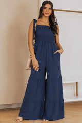 Green Tie Straps Shirred Casual Tiered Wide Leg Jumpsuit