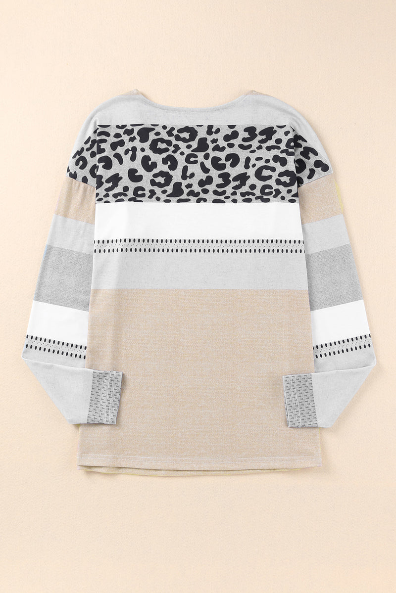 Leopard Print Color Block Pullover Long Sleeve Top