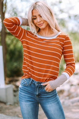 Brown Contrast Spliced Colorblock Cuffed Rib Knit Top