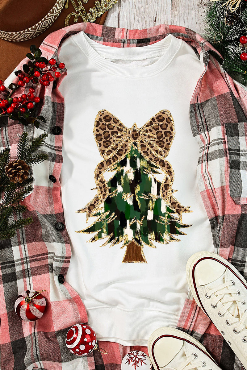 Beige Glittering Leopard Bow Christmas Tree Graphic Pullover Sweatshirt