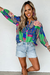 Multicolor Floral Patchwork Buttoned Puff Sleeve Shirt