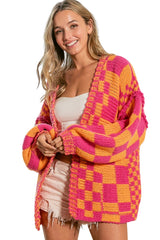 Rose Red Colorblock Checked Open Front Knitted Cardigan