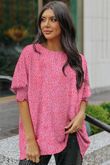 Pink Leopard Puff Sleeve Shirred Cuffs Oversized Blouse