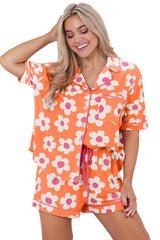 Orange Flower Print Buttoned Shirt and Drawstring Waist Pajama Set