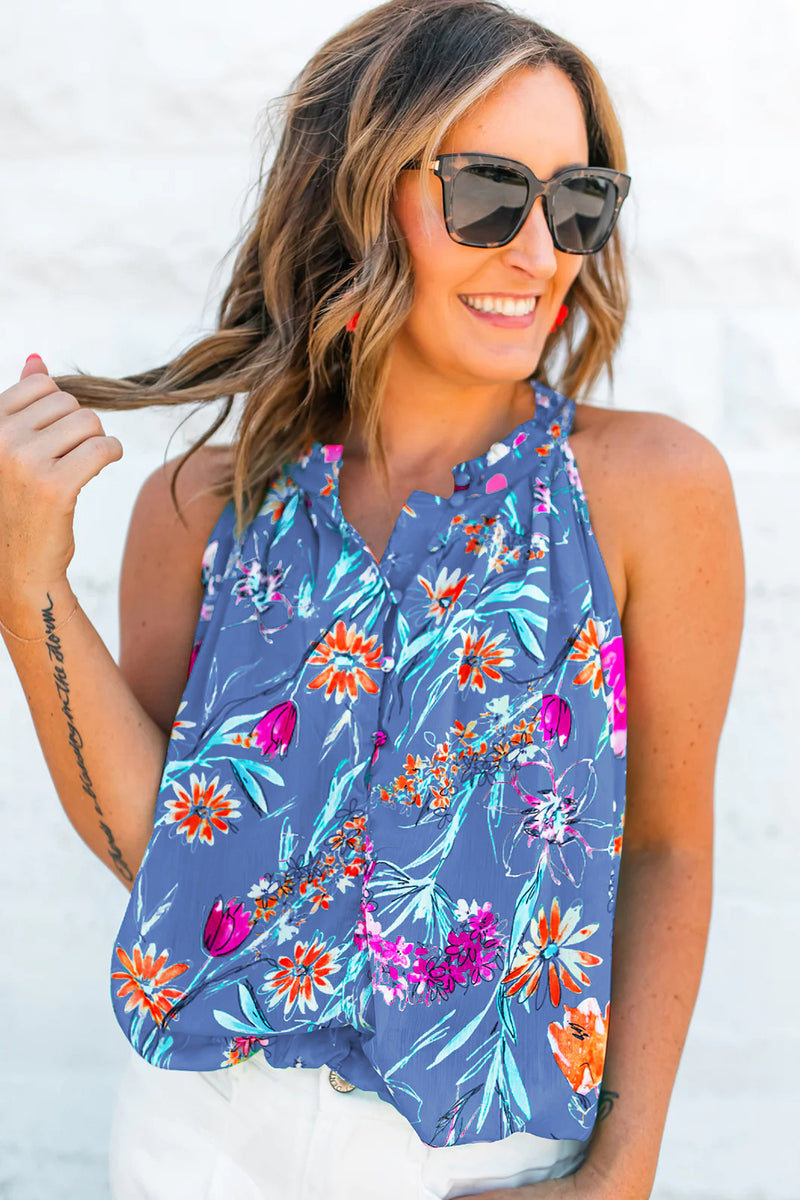 Sky Blue Boho Floral Print Button Front Sleeveless Blouse