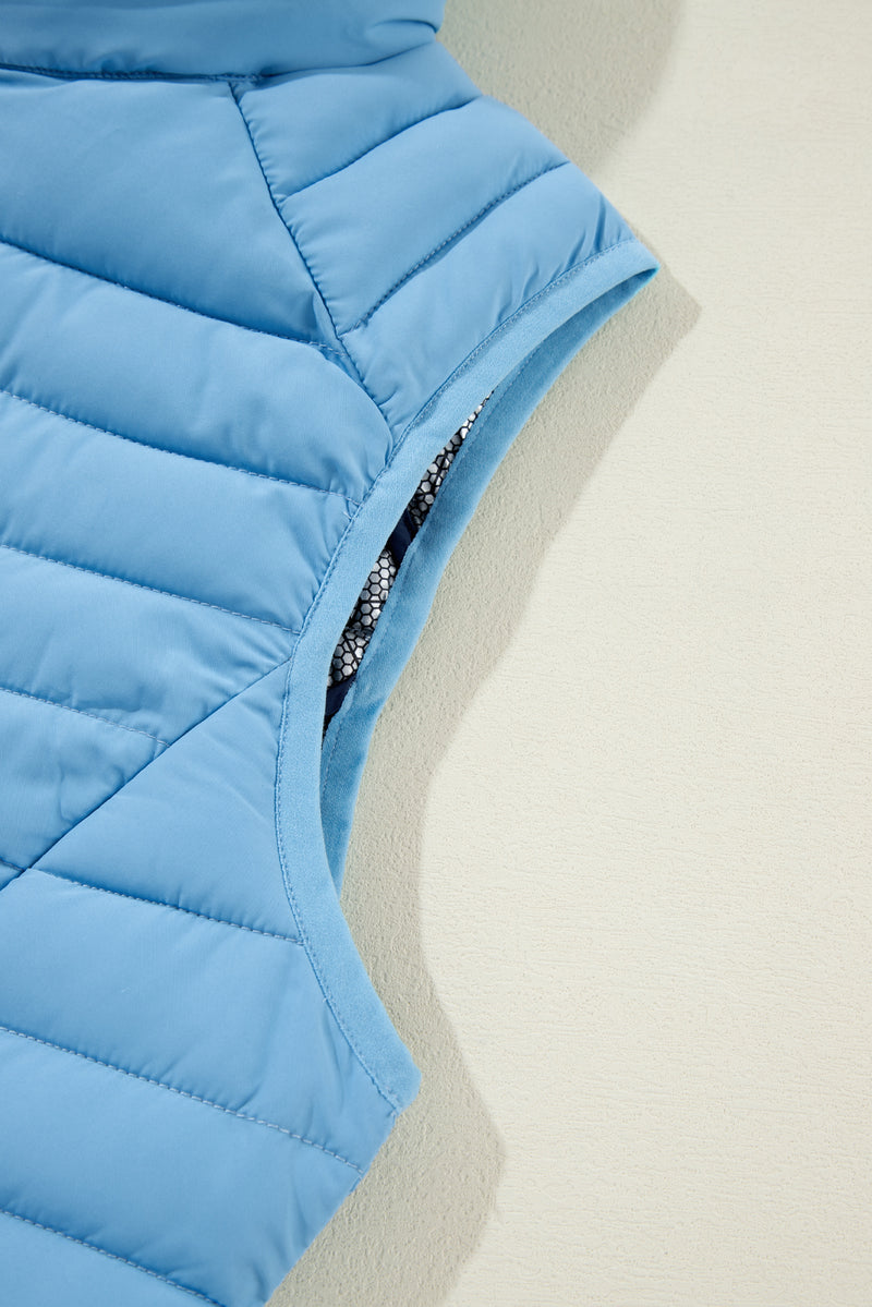 Sky Blue Plush Collared Quilted Zipped Puffer Vest