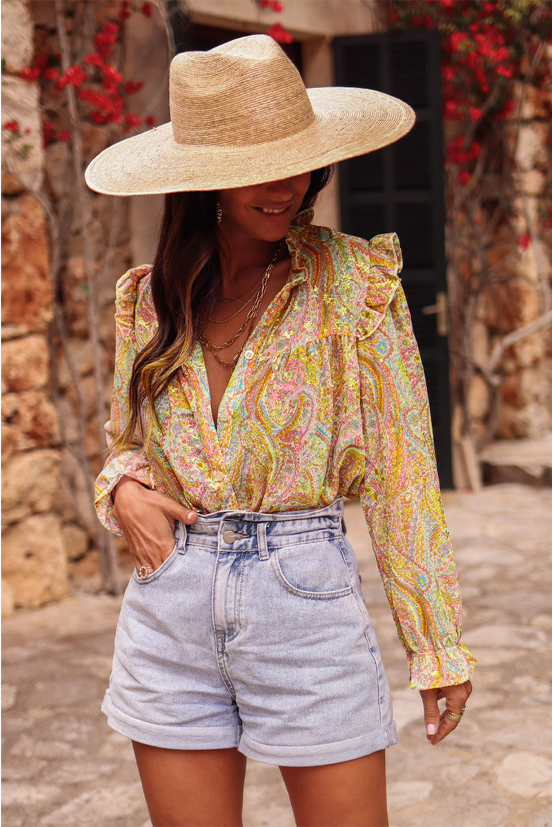 Yellow Paisley Print Ruffled Trim Button Up Boho Blouse