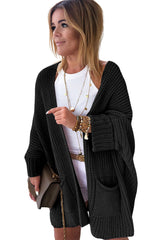 Black Batwing Sleeve Pocket Oversized Cable Knit Cardigan