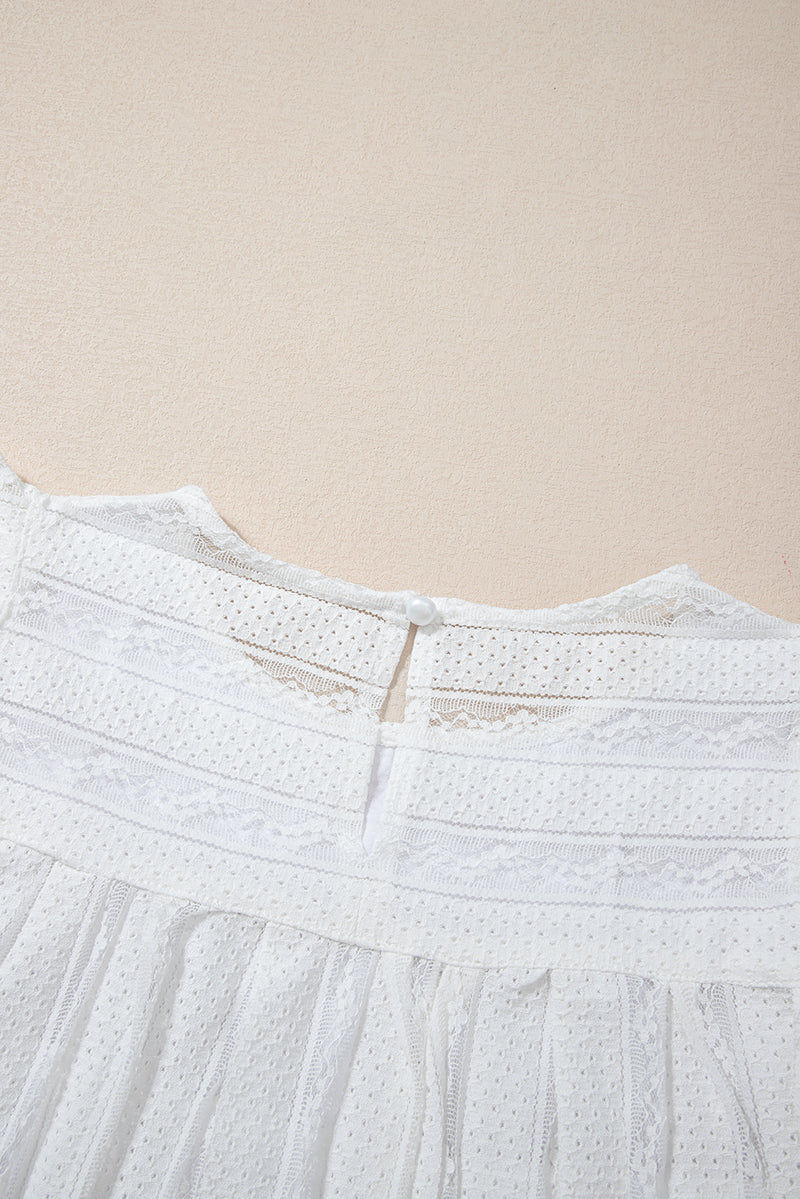 White Ruffled Lace Splicing Flowy Crewneck Sleeveless Shirt