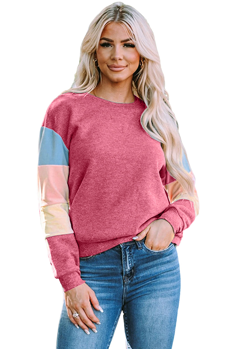 Rosy Color Block Casual Drop Sleeve Sweatshirt