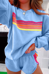 Beau Blue Colorful Striped Long Sleeve Pullover and Shorts Set