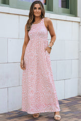 Pink Sleeveless Floor Length Leopard Print Dress with Pockets