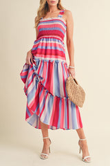 Red Stripe Ruffled Straps Smocked Tiered Midi Dress