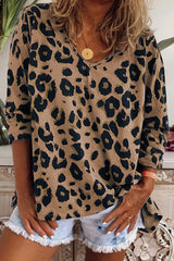 Brown Leopard Split V Neck Long Sleeve Shirt