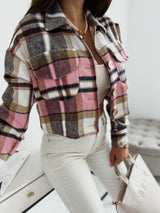 Pocketed Collared Neck Long Sleeve Plaid Jacket