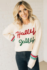 Beige Tinsel Holly Jolly Graphic Round Neck Sweater