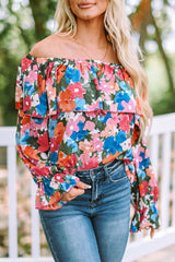 Multicolor Bohemian Floral Print Shirred Ruffle Off Shoulder Blouse