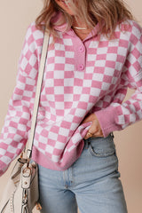 Pink Checkered Buttons Collar V Neck Drop Shoulder Sweater