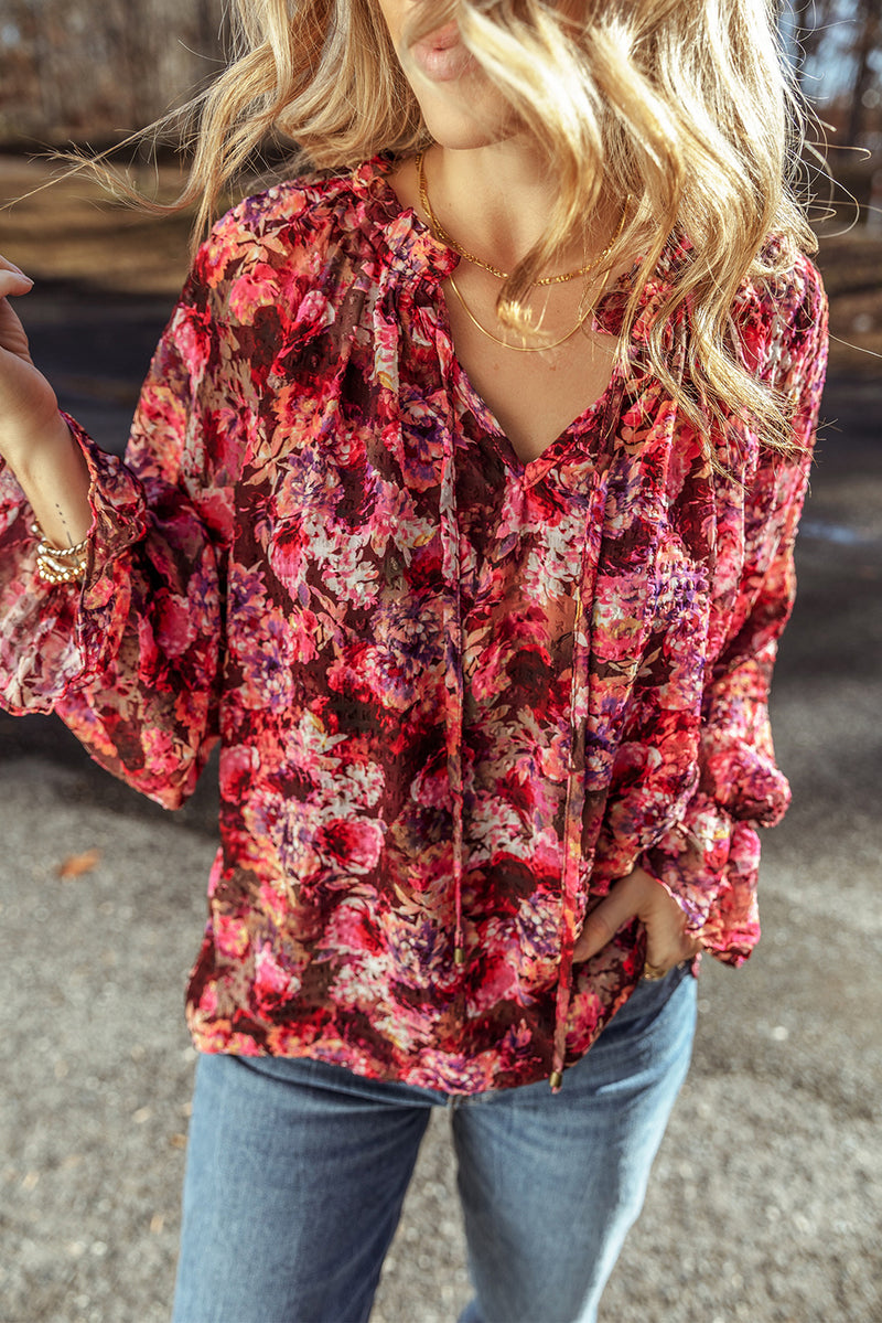 Rose Red Floral Print Drawstring Frill V Neck Blouse