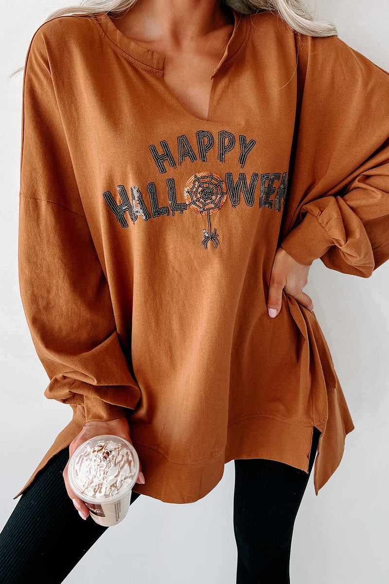 Chestnut Sequin Happy Halloween Graphic Notched Neck Loose Top