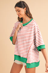 Orange Striped Contrast Trim Drop Sleeve Loose Top