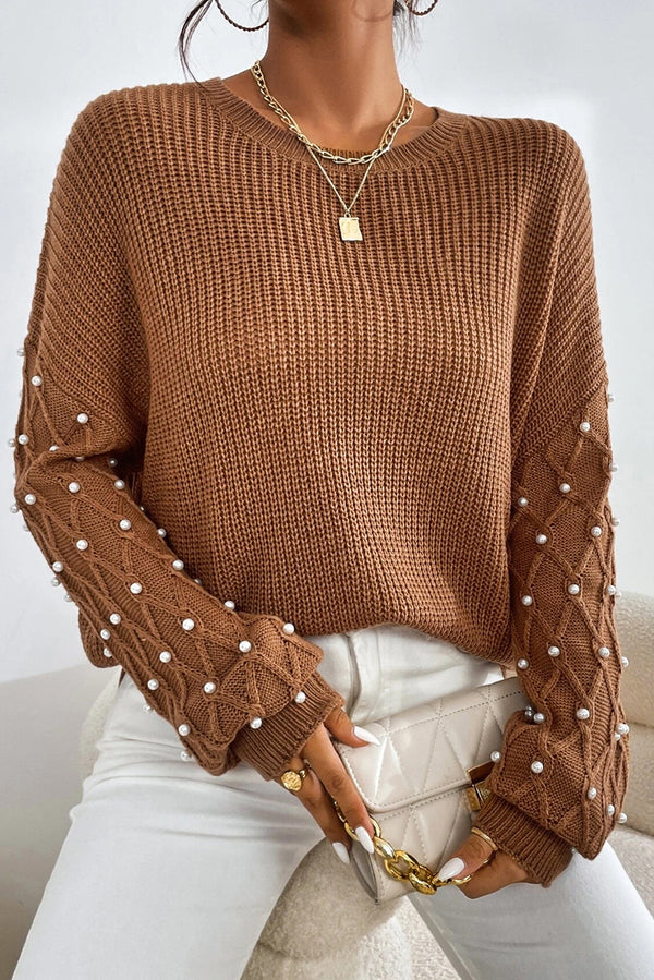 Chestnut Pearl Drop Shoulder Round Neck Sweater