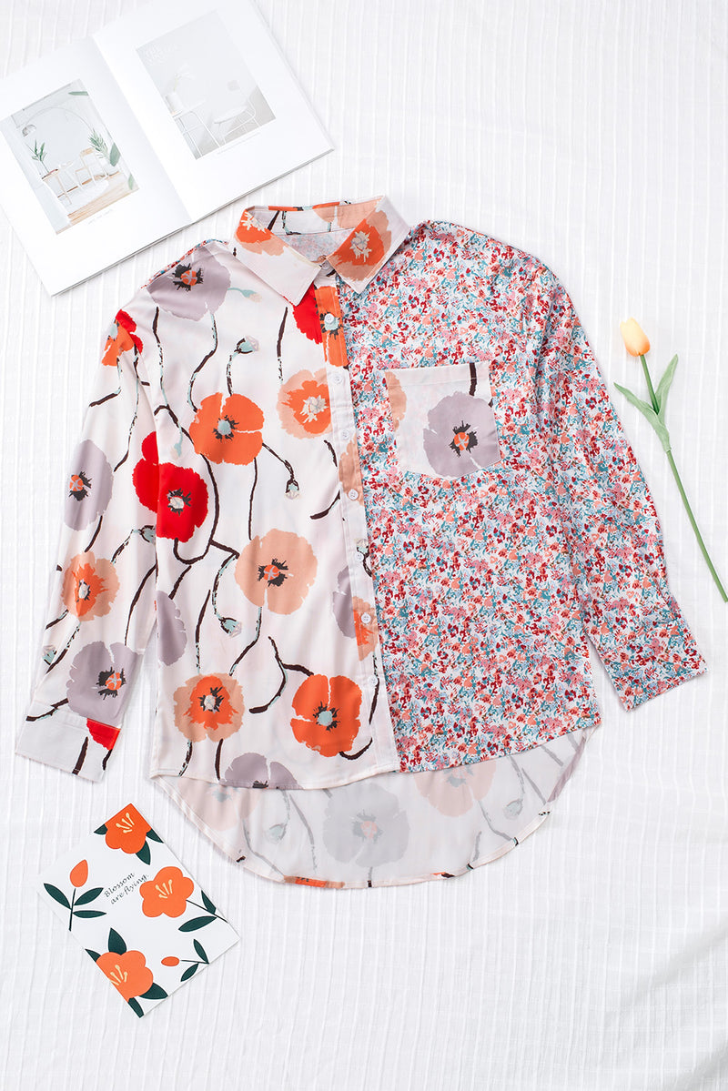 Red Bohemian Floral Pockets Patchwork Button Up Shirt