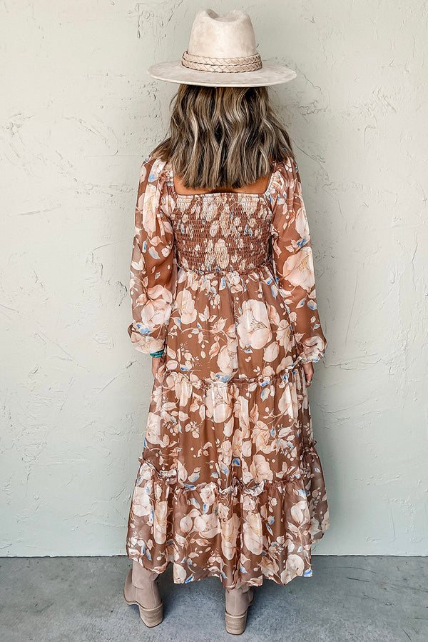 Brown Floral Print Shirred Square Neck High Waist Maxi Dress