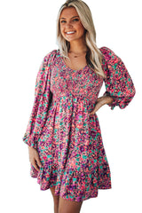 Purple Floral Print Long Sleeve Flounce Hem V Neck Smocked Dress