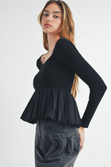 Black Plain Knitted Patchwork Peplum Top