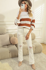 White Casual Stripe Print Knit Puff Sleeve Sweater