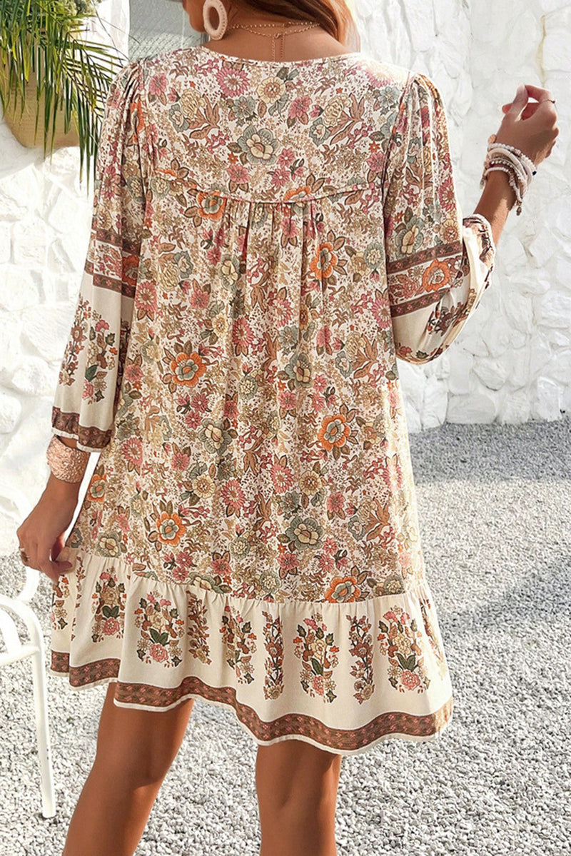 Apricot Floral Print Boho V-Neck Lace-Up Dress