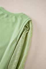 Mist Green Eyelet Embroidered Sleeve Patchwork Ribbed Sweatshirt