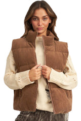 Coffee Solid Color Corduroy Puffer Vest Coat